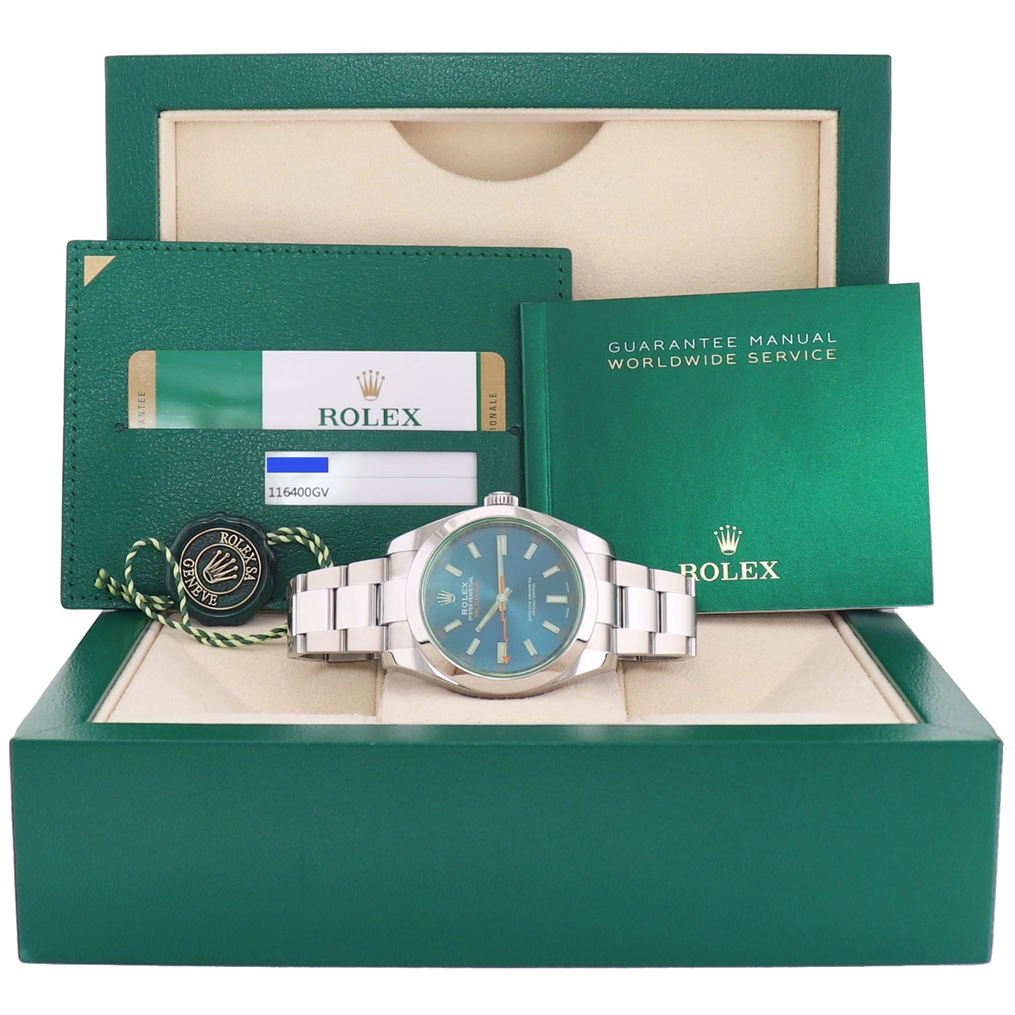 2018 MINT PAPERS Rolex Milgauss Blue Dial Anniversary Green 116400GV Steel Watch
