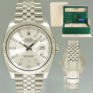 2023 NEW PAPERS Rolex DateJust 41 Silver Stick Jubilee White Gold Fluted 126334 Watch