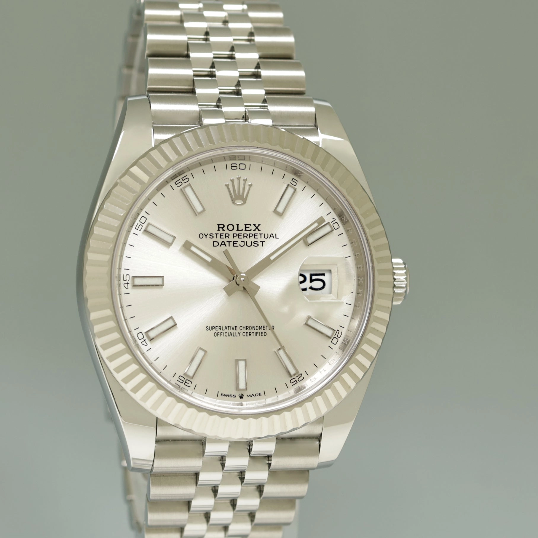 2023 NEW PAPERS Rolex DateJust 41 Silver Stick Jubilee White Gold Fluted 126334 Watch