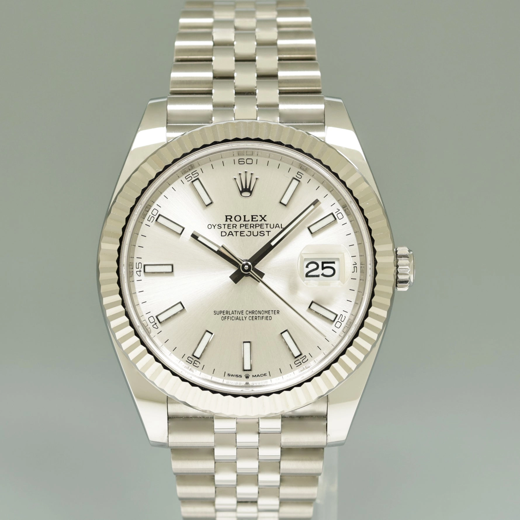 2023 NEW PAPERS Rolex DateJust 41 Silver Stick Jubilee White Gold Fluted 126334 Watch