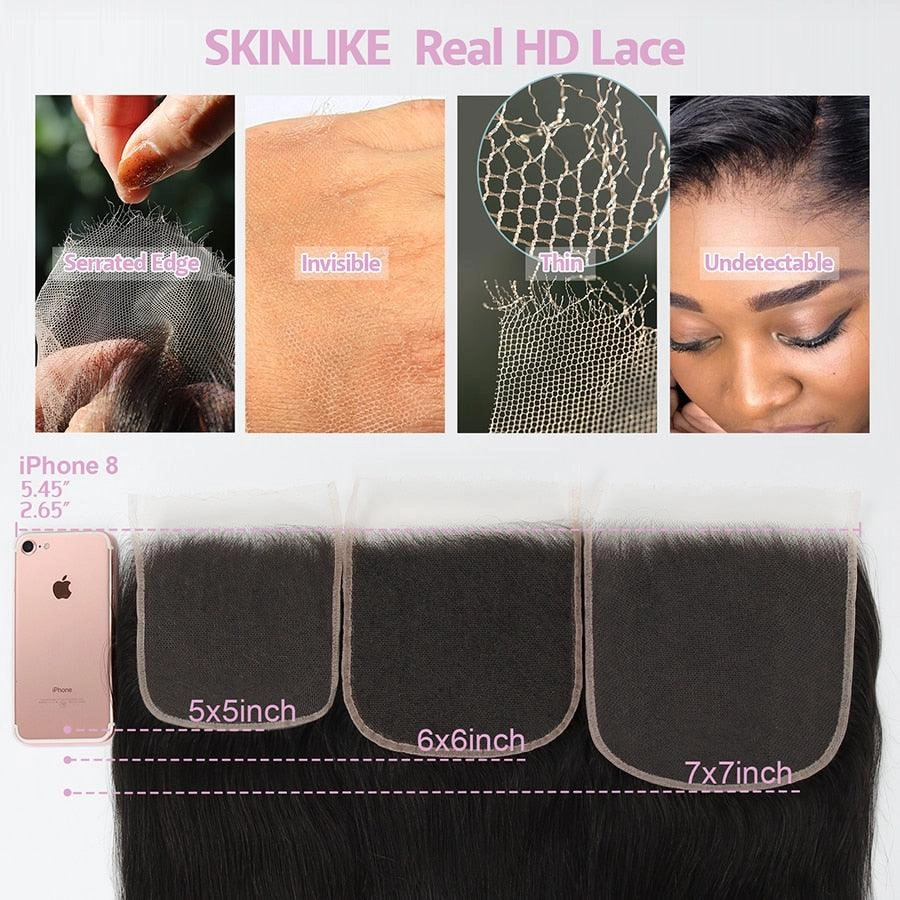 Lace Frontal Only, Skinlike Real HD Lace 13x6 13x4 7x7 6x6 5x5 Lace Closure Pieces