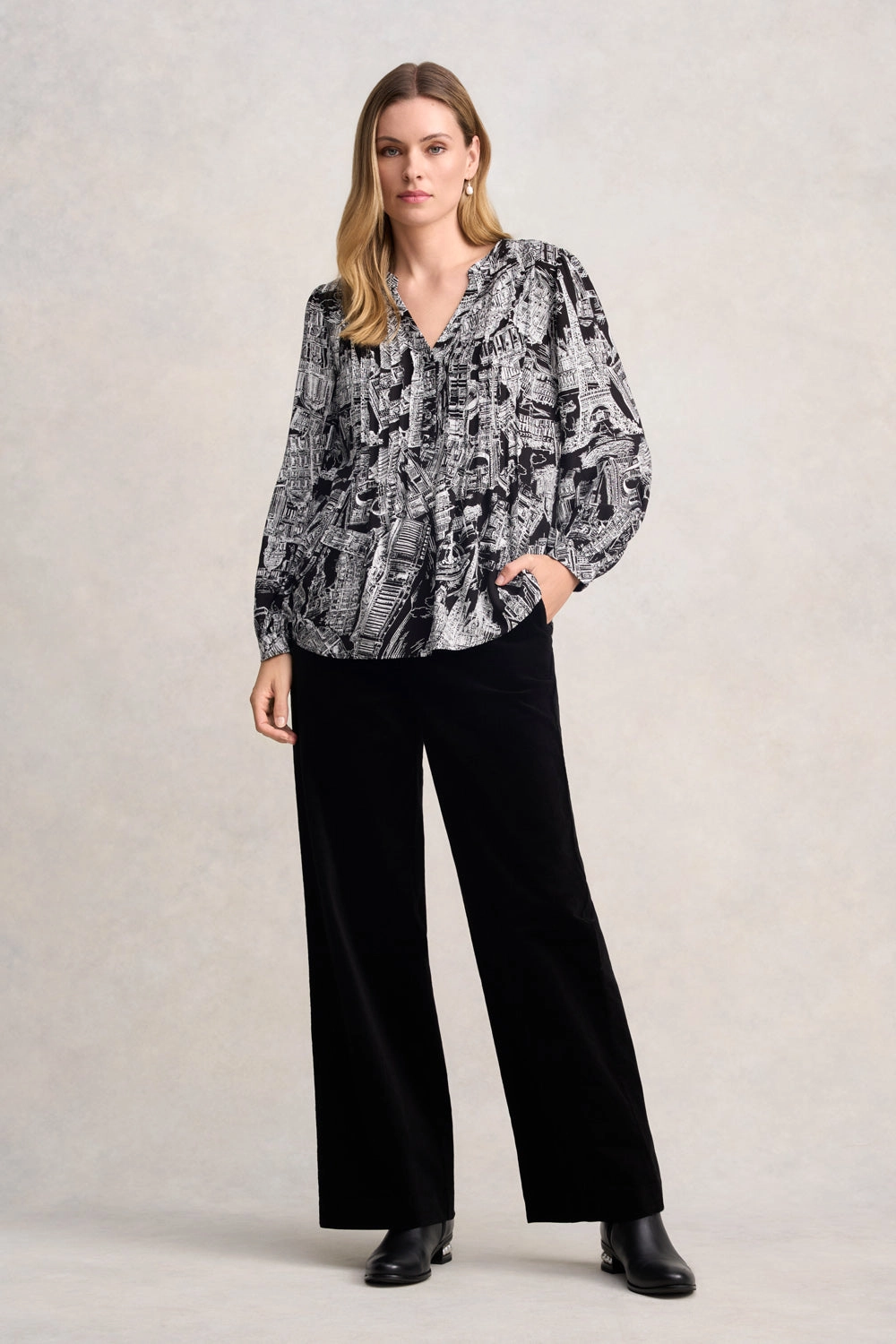 Long Sleeve Light Weight Blouse - France Capital Print