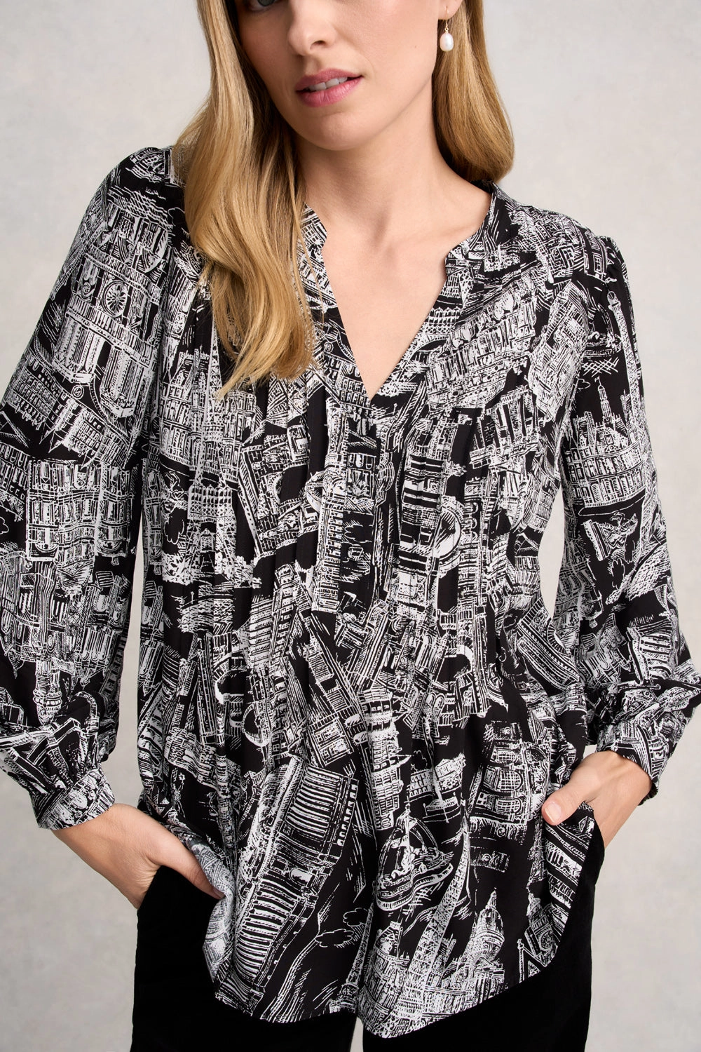 Long Sleeve Light Weight Blouse - France Capital Print