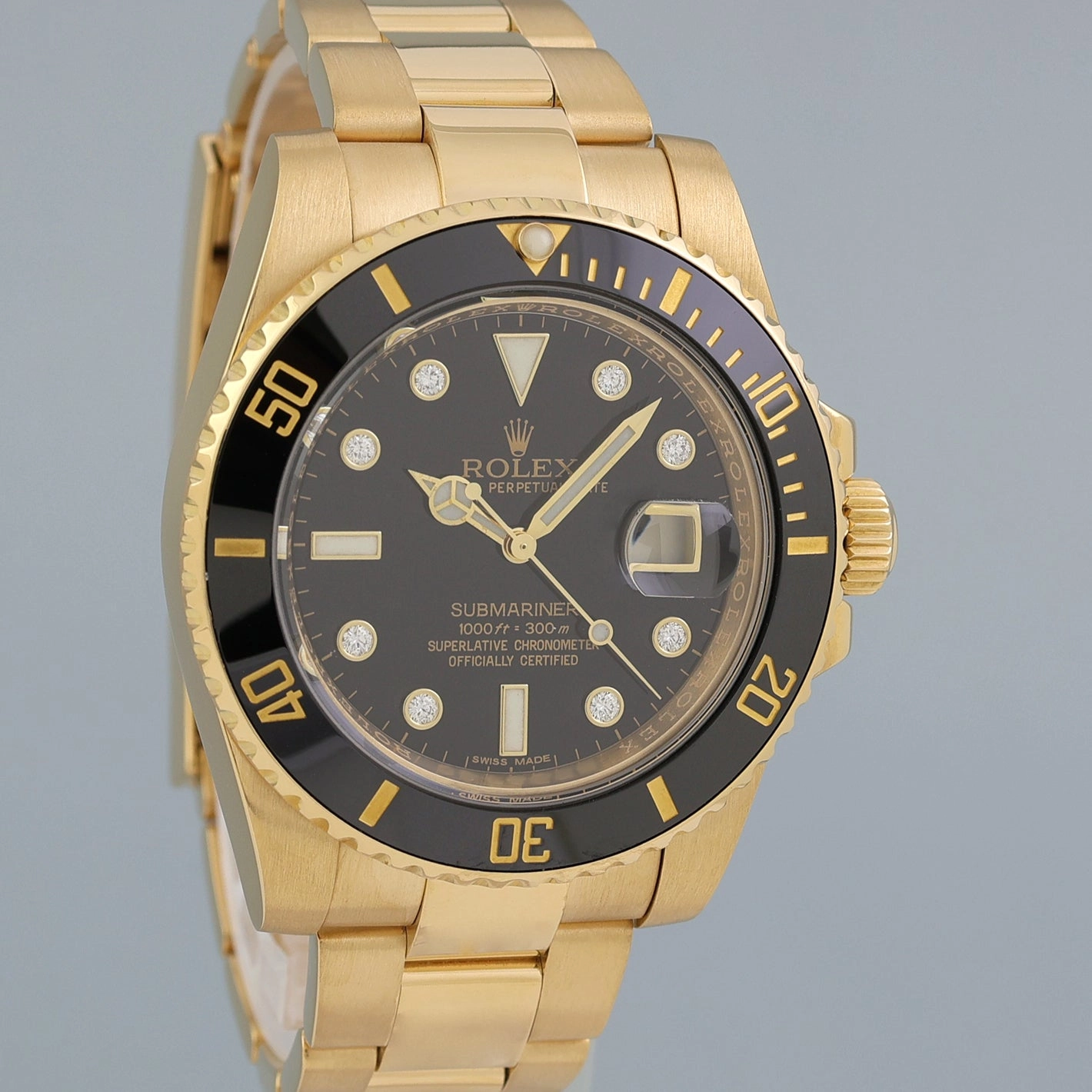 MINT Rolex Submariner Black Diamond Serti Dial Ceramic 116618LN Yellow Gold Watch