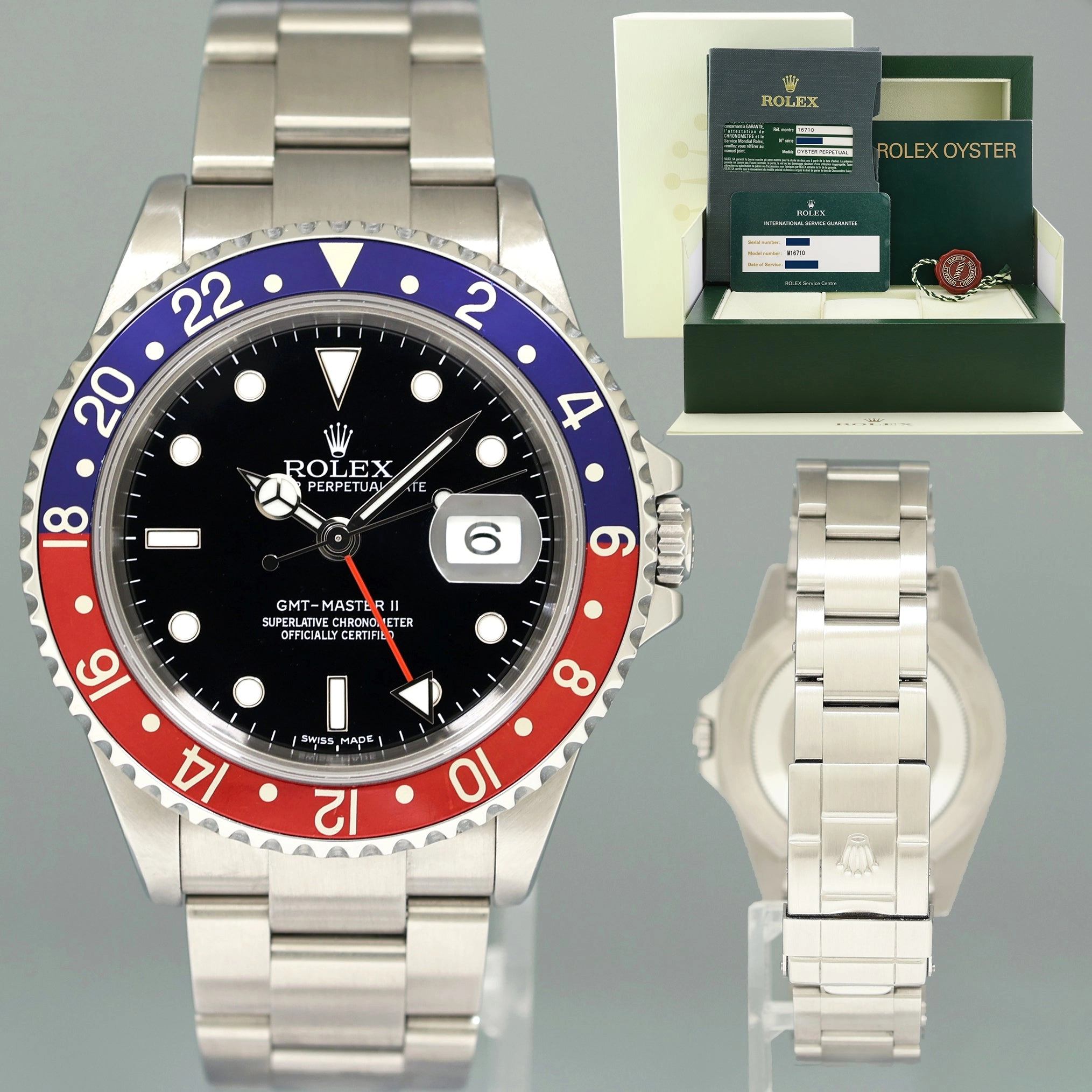 PAPERS 2007 Rolex GMT-Master II 16710 PEPSI Steel 3186 Blue Error Stick 2022 RSC Watch
