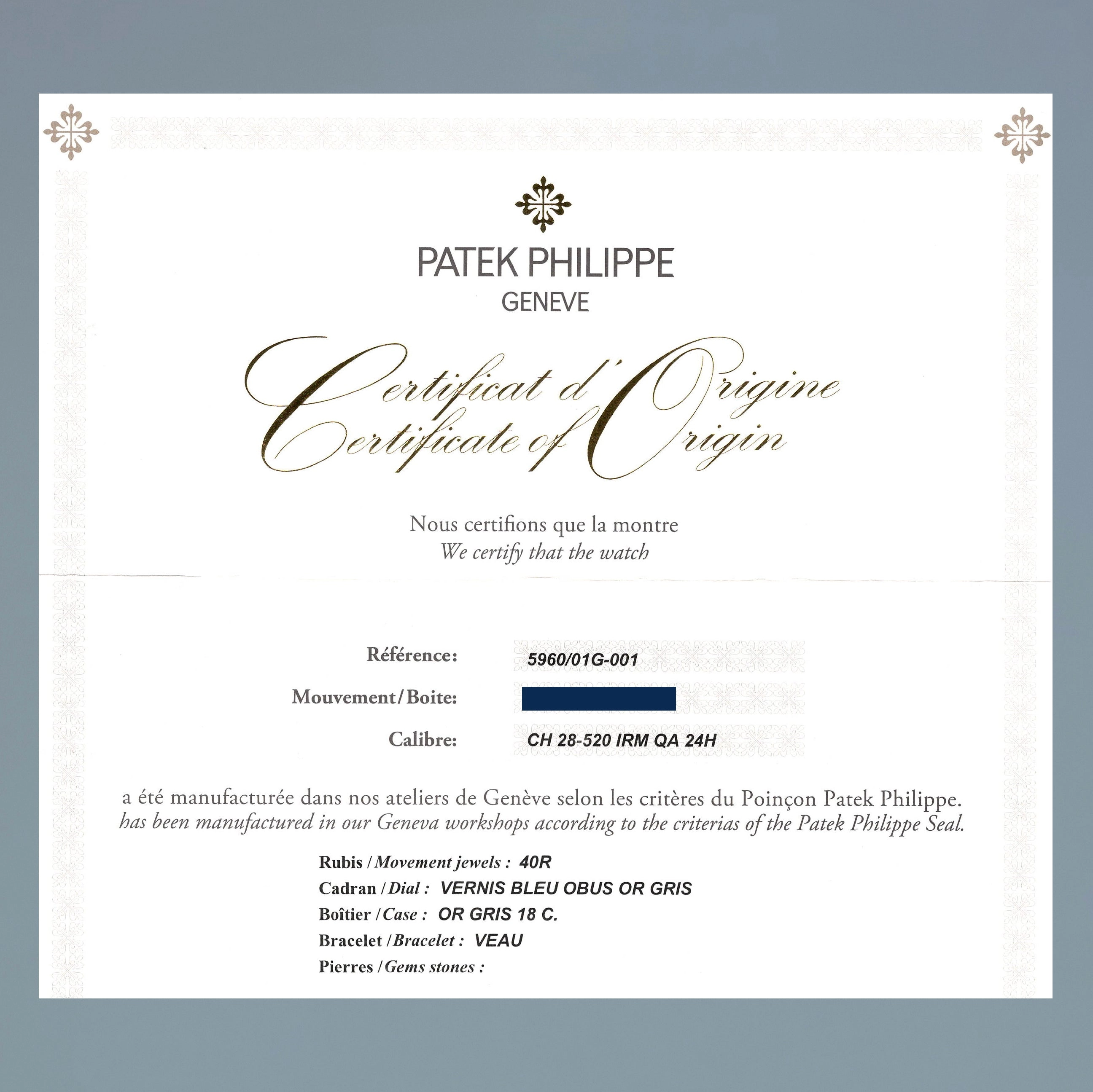 PAPERS MINT Patek Philippe 5960G White Gold Chrono Blue Calendar 40.5mm Watch