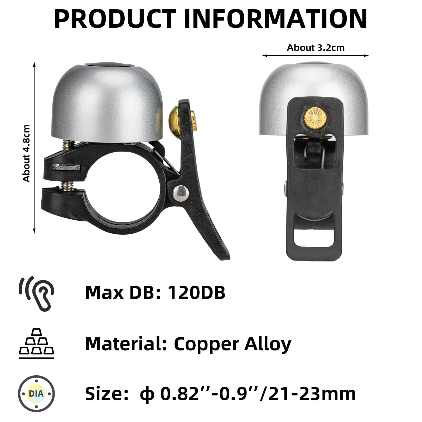 ROCKBROS Copper Alloy Bike Bell, Loud Classic Ring, Fits 21-23mm Handlebars for Adults