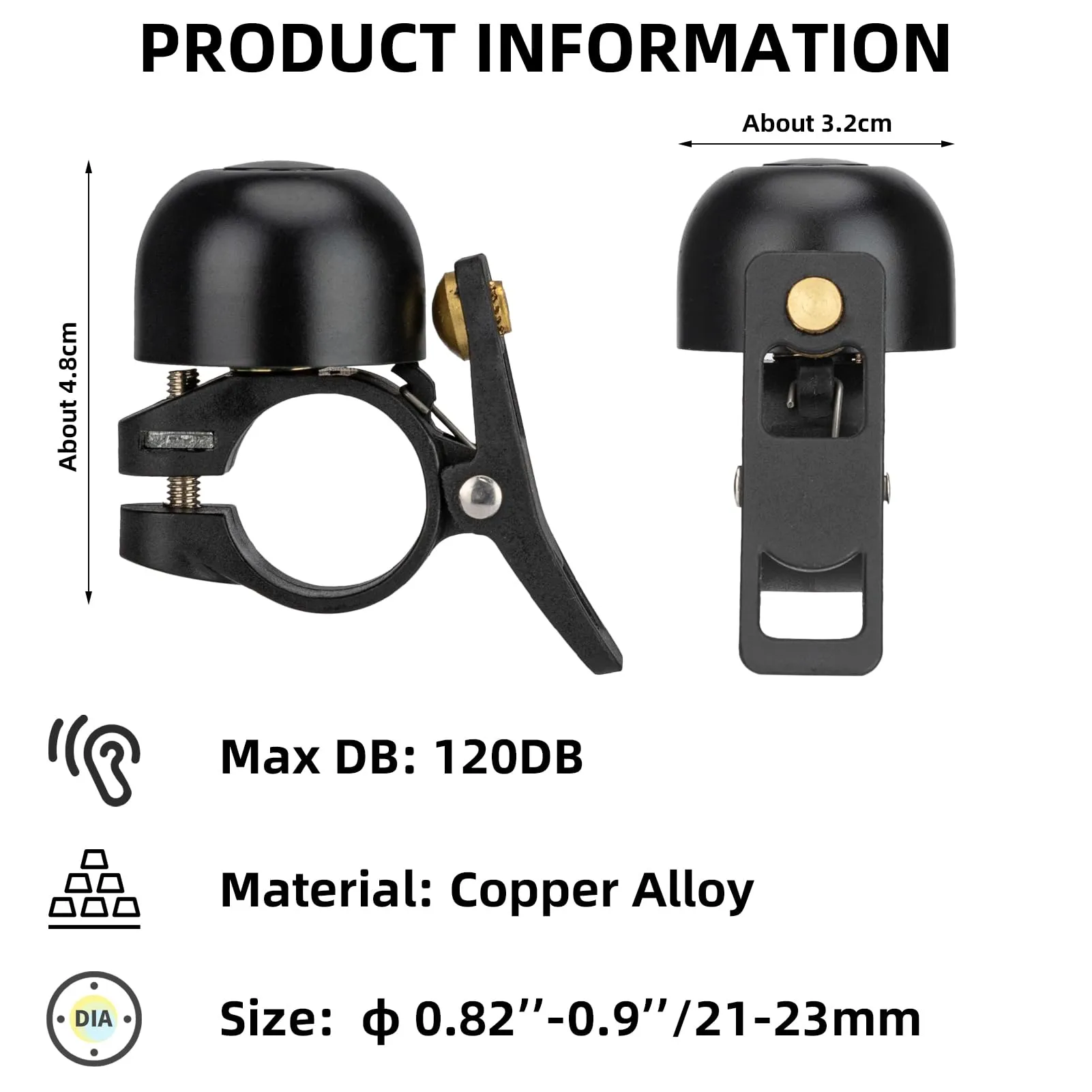 ROCKBROS Copper Alloy Bike Bell, Loud Classic Ring, Fits 21-23mm Handlebars for Adults