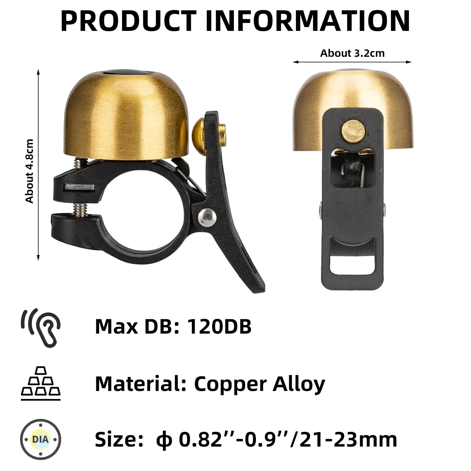 ROCKBROS Copper Alloy Bike Bell, Loud Classic Ring, Fits 21-23mm Handlebars for Adults