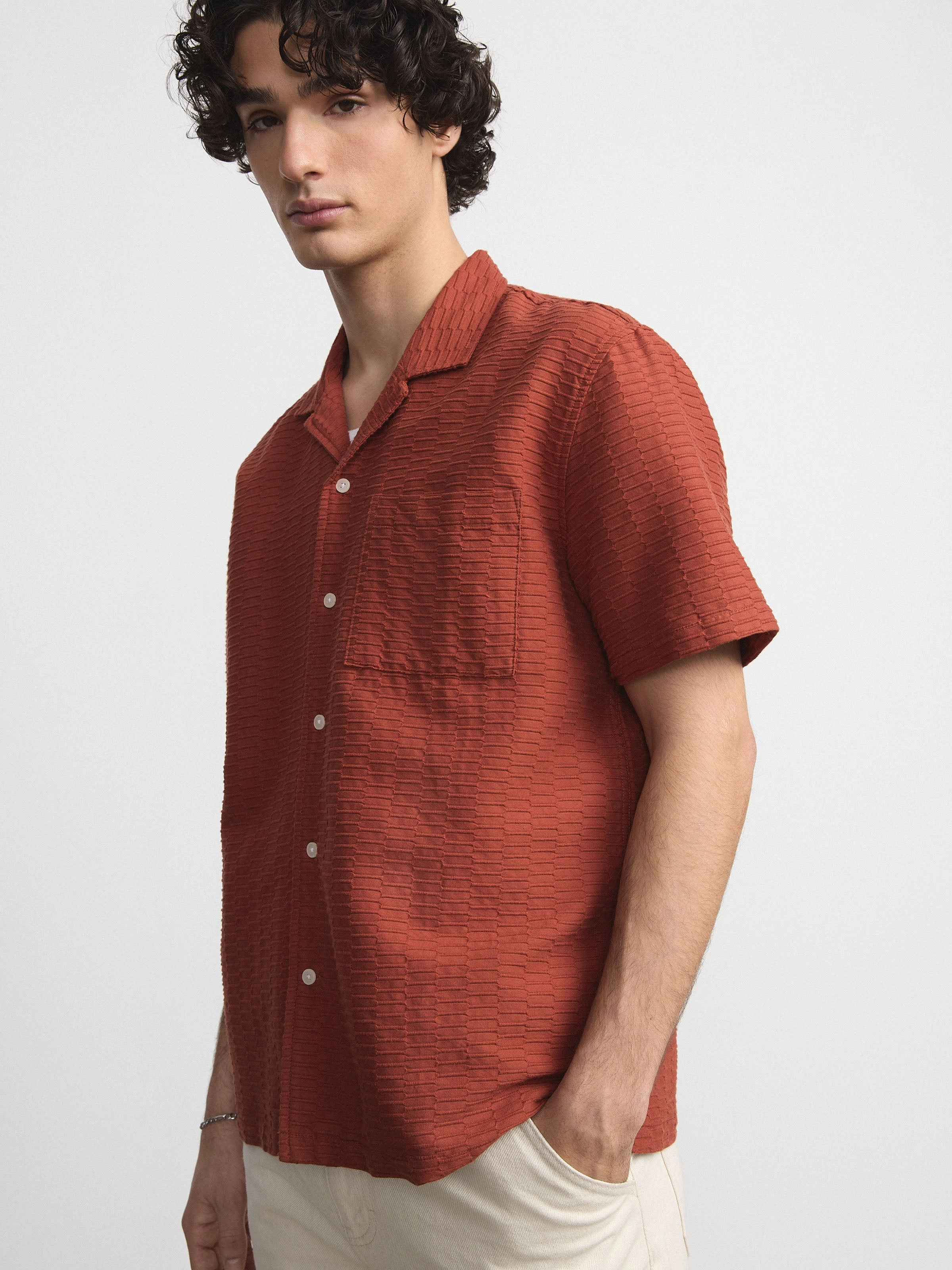 The Textured Camp Collar Shirt in Spice Orange