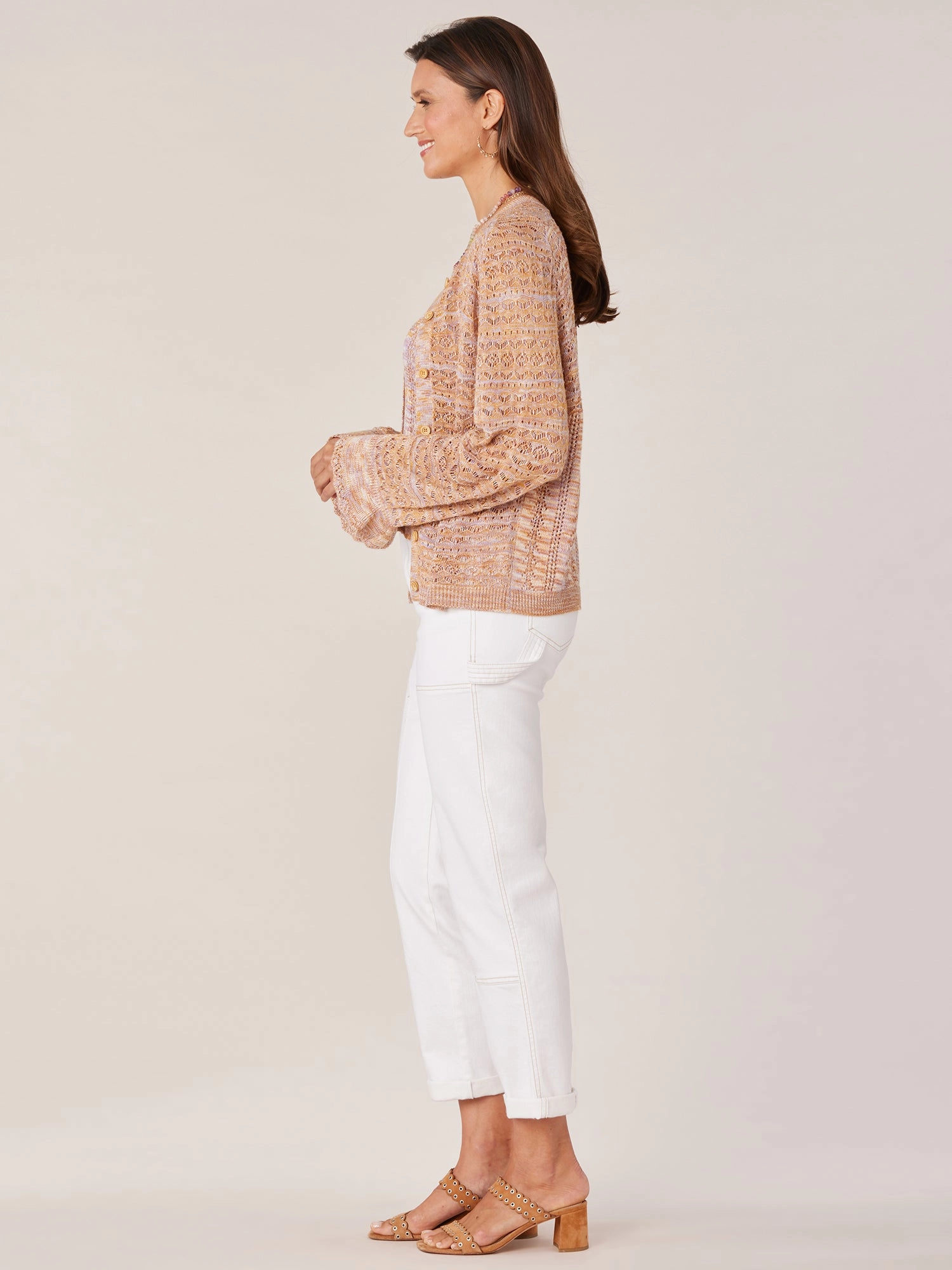 Three Quarter Flounce Sleeve Scoop Neck Buttoned Space Dye Cardigan