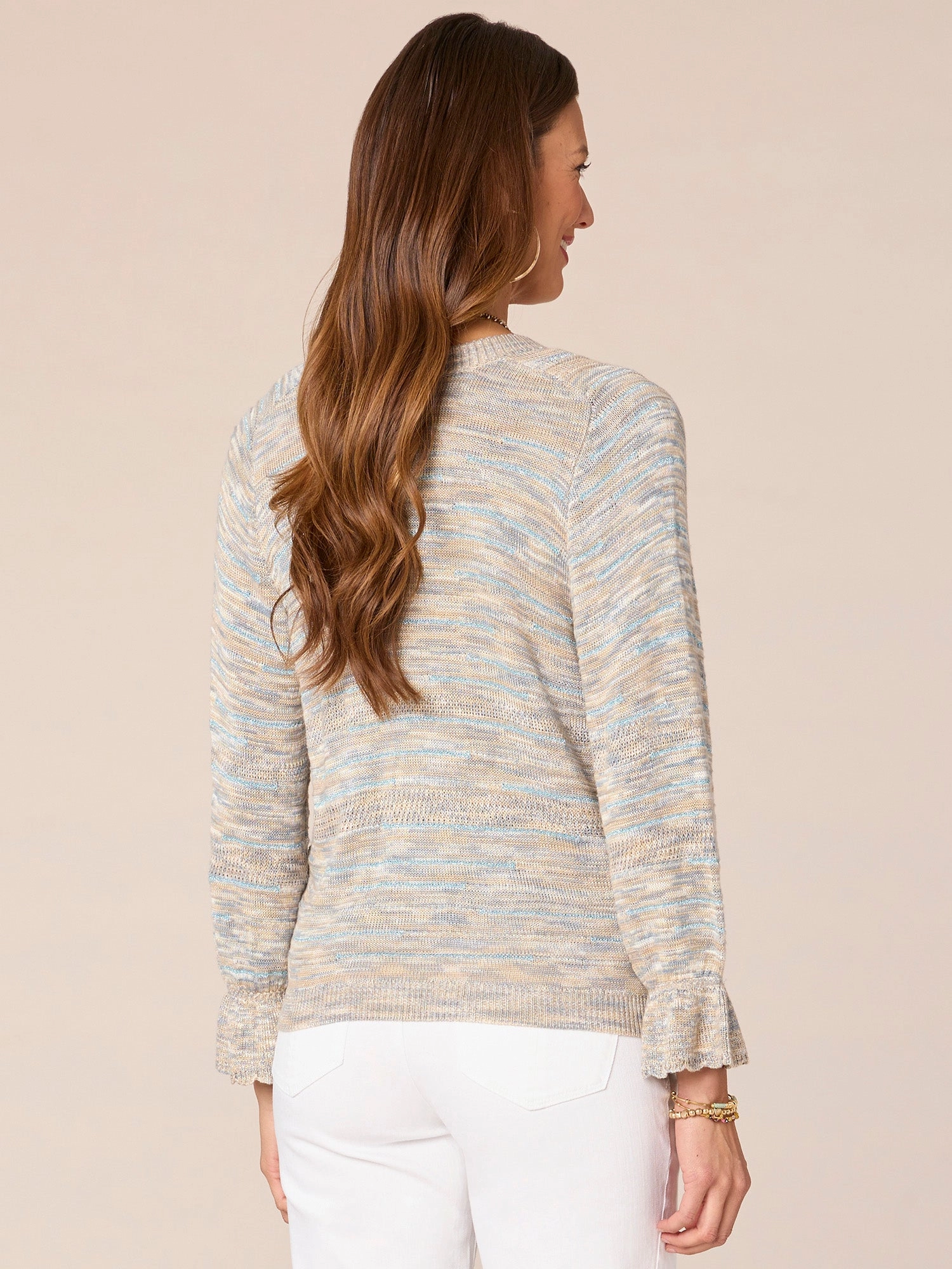Three Quarter Flounce Sleeve Scoop Neck Buttoned Space Dye Cardigan
