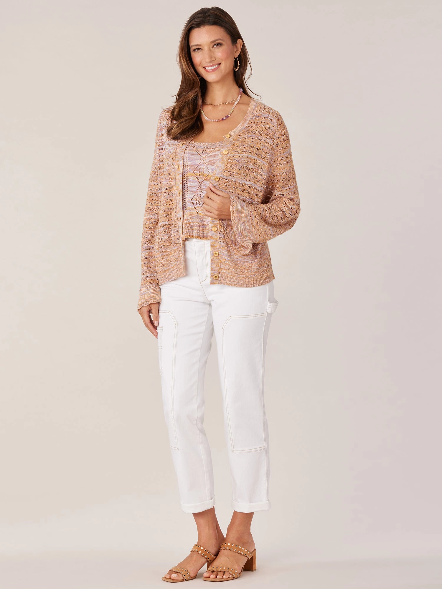 Three Quarter Flounce Sleeve Scoop Neck Buttoned Space Dye Cardigan
