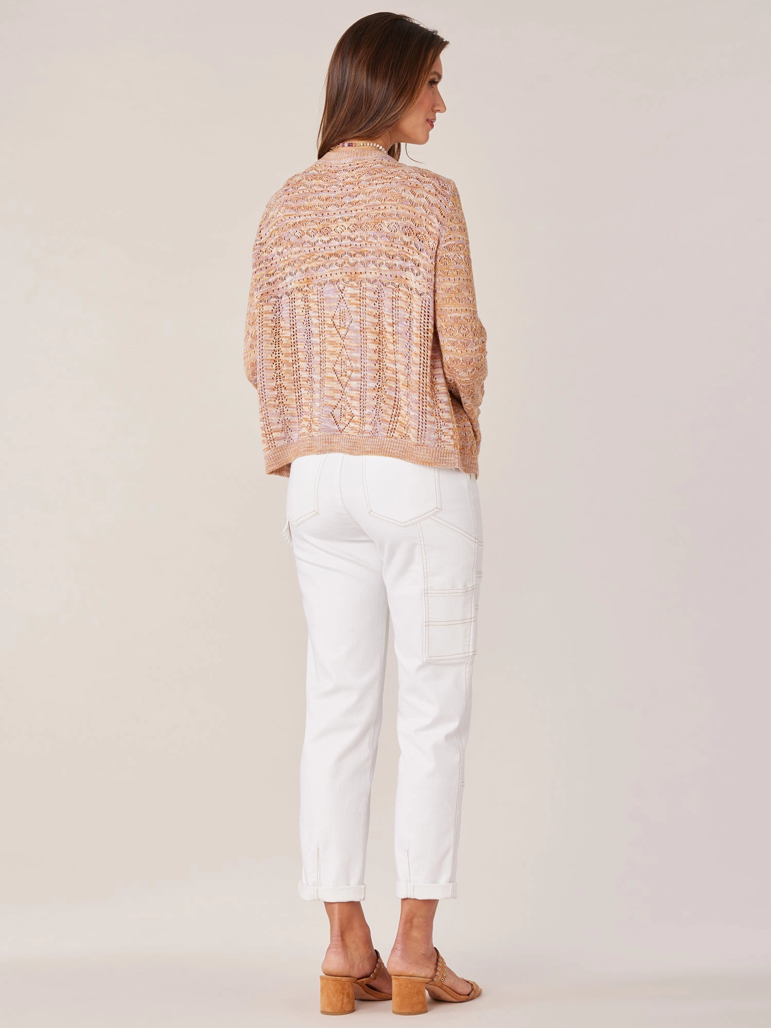 Three Quarter Flounce Sleeve Scoop Neck Buttoned Space Dye Cardigan