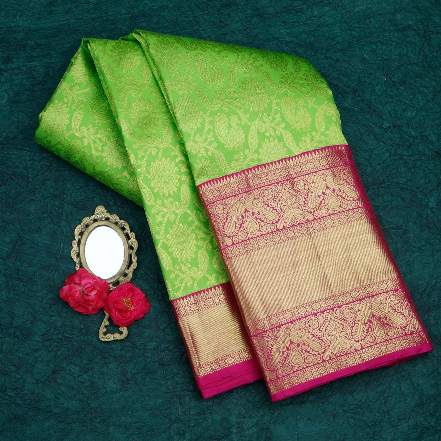 Vibrant Green Kanjivaram Silk Saree Floral-Mayil