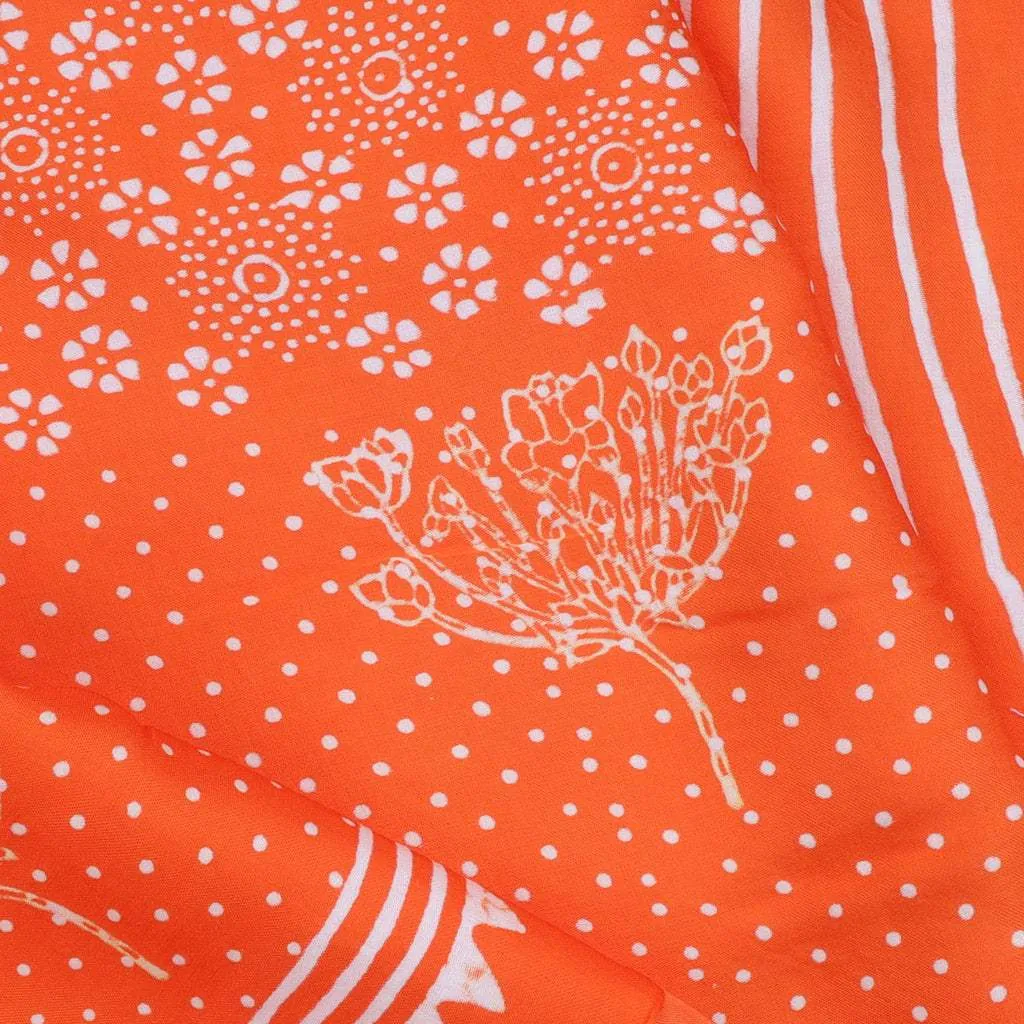 Vibrant Orange Printed Satin Silk Saree With Floral Motifs