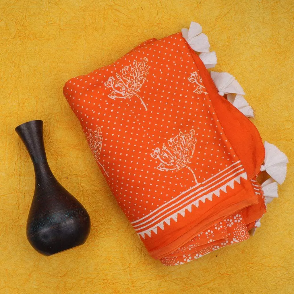 Vibrant Orange Printed Satin Silk Saree With Floral Motifs