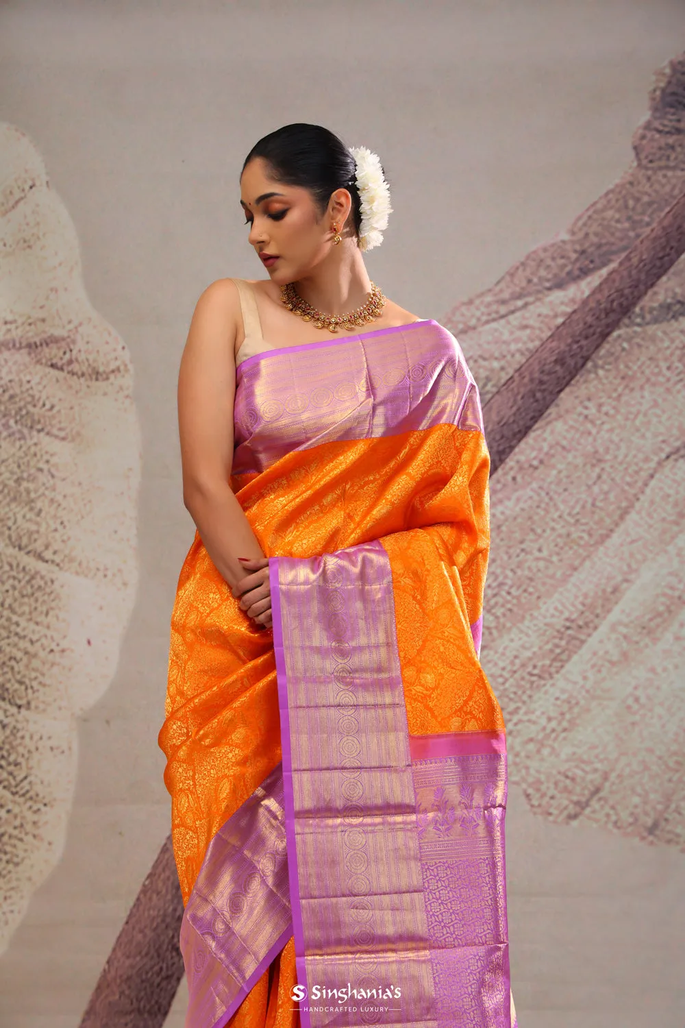 Vivid Orange Jaal Kanjivaram Silk Saree