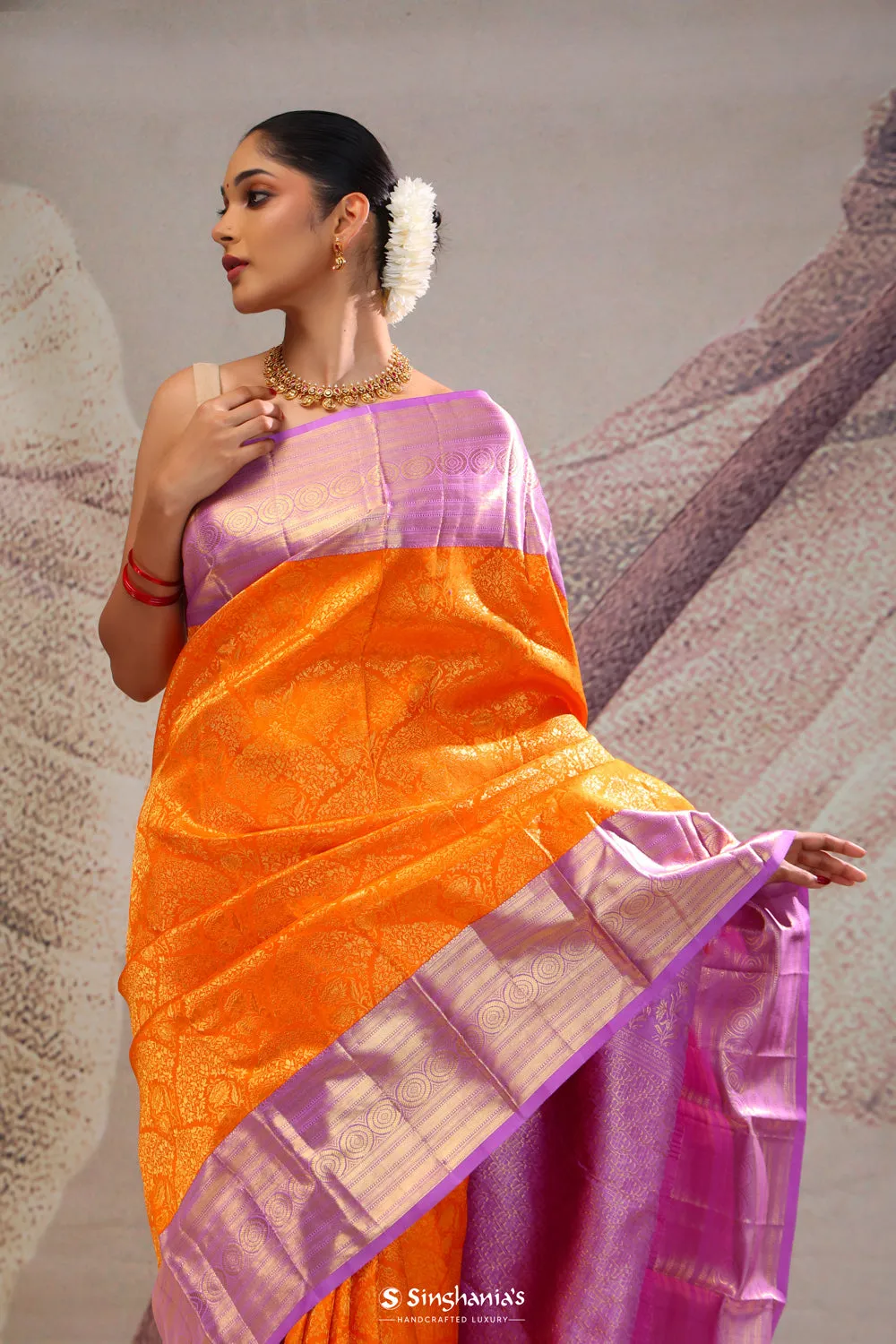 Vivid Orange Jaal Kanjivaram Silk Saree
