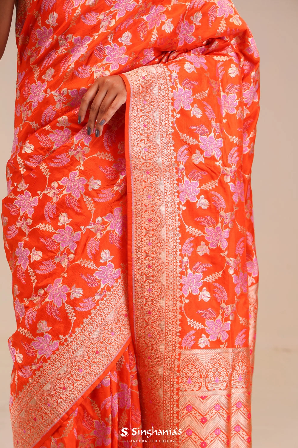 Vivid Orange Jaali Banarasi Silk Saree