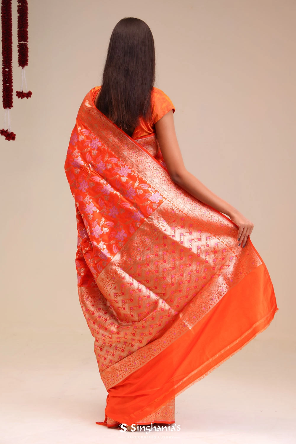 Vivid Orange Jaali Banarasi Silk Saree