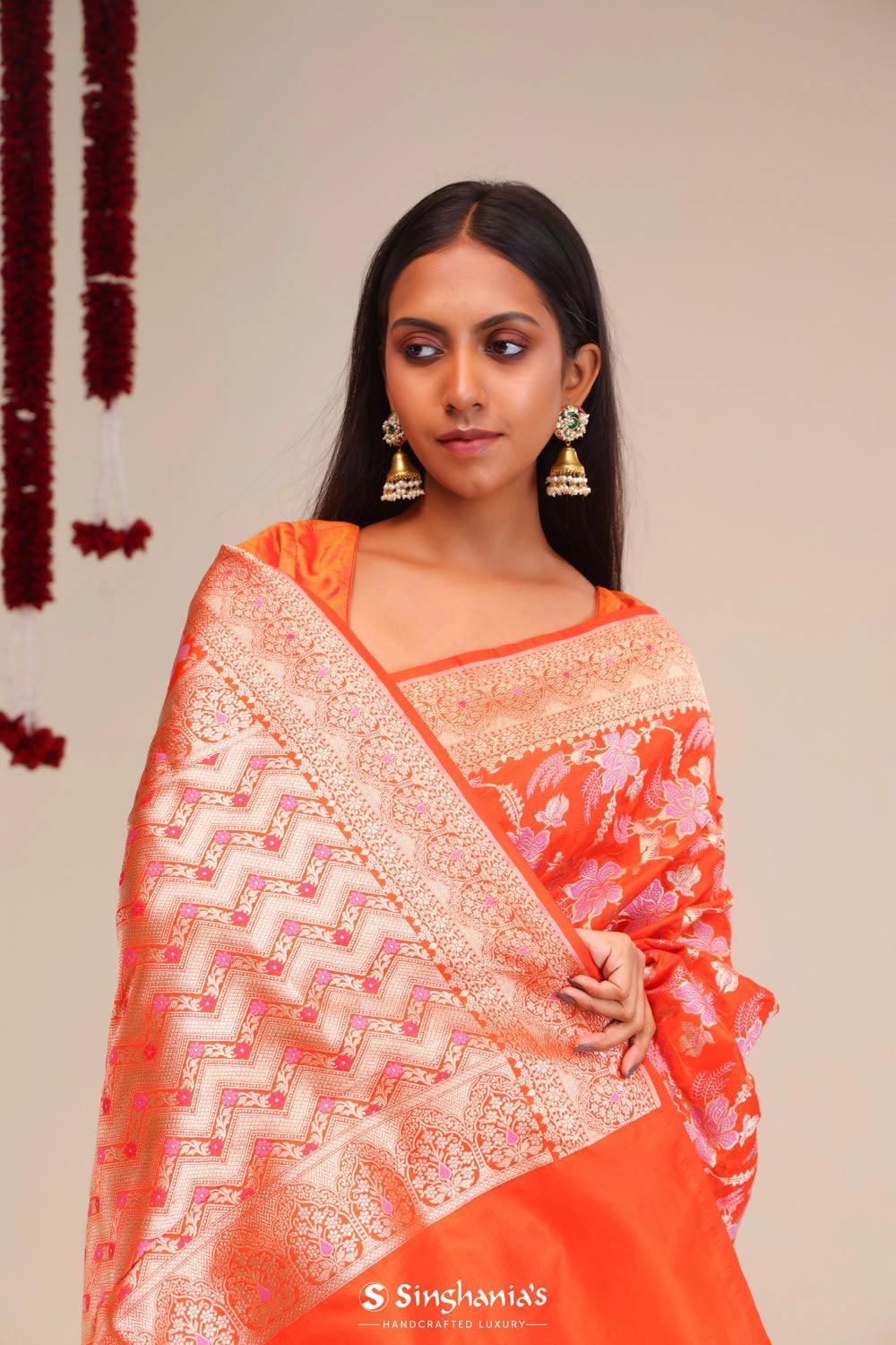 Vivid Orange Jaali Banarasi Silk Saree
