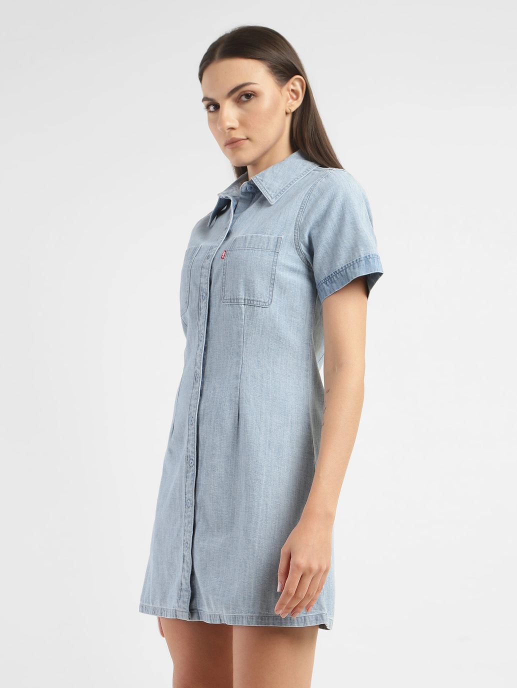 Women's Solid Spread Collar Denim Dress