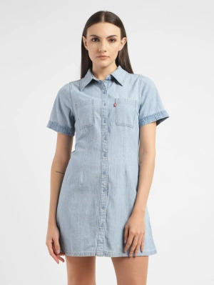 Women's Solid Spread Collar Denim Dress