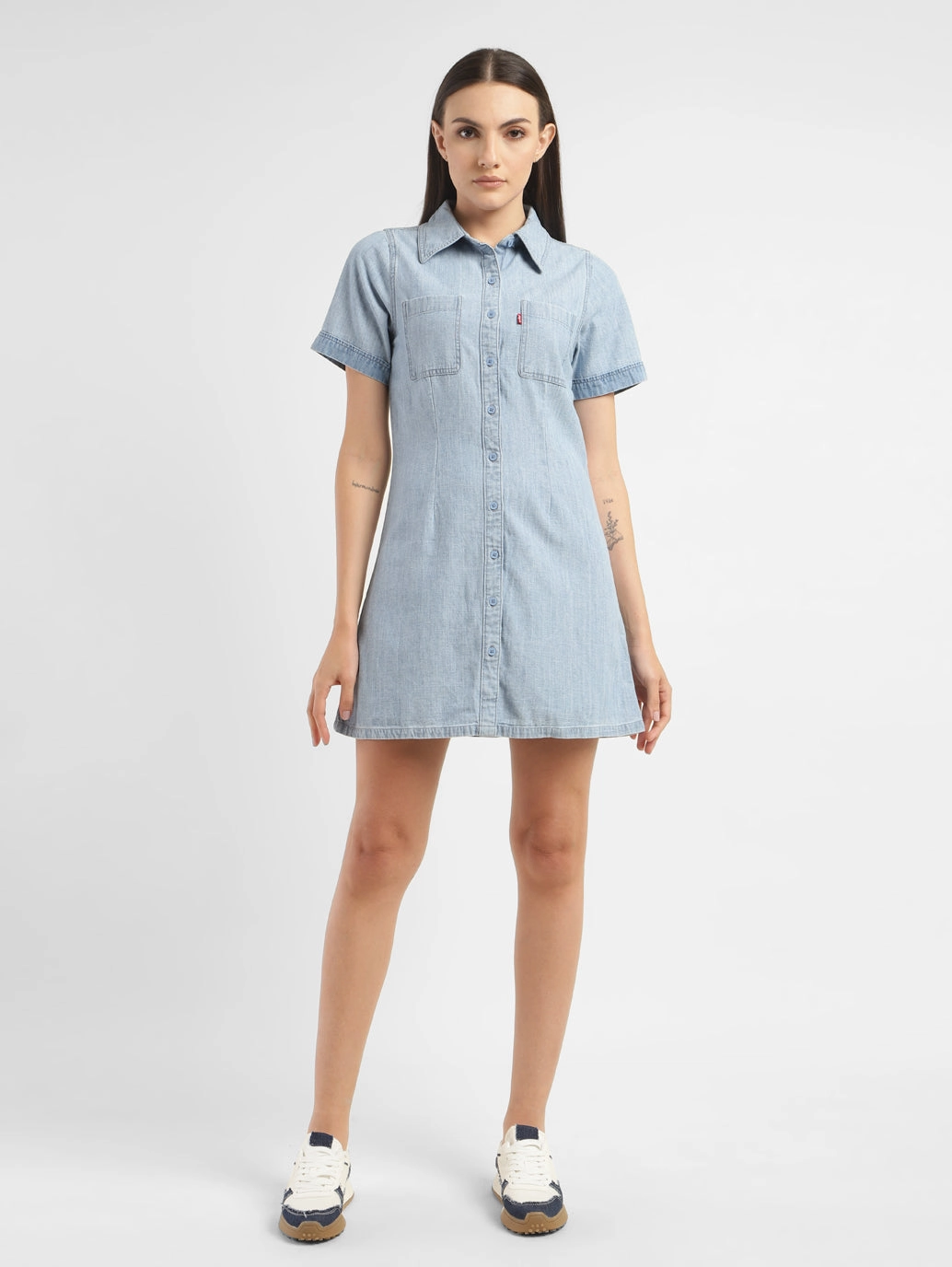 Women's Solid Spread Collar Denim Dress