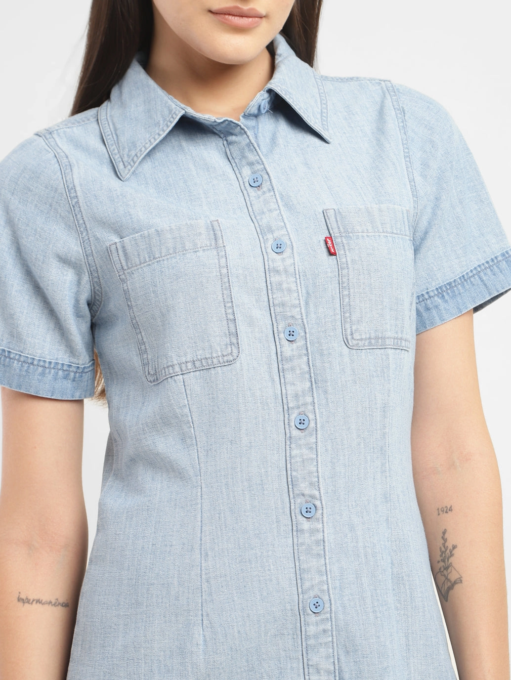 Women's Solid Spread Collar Denim Dress