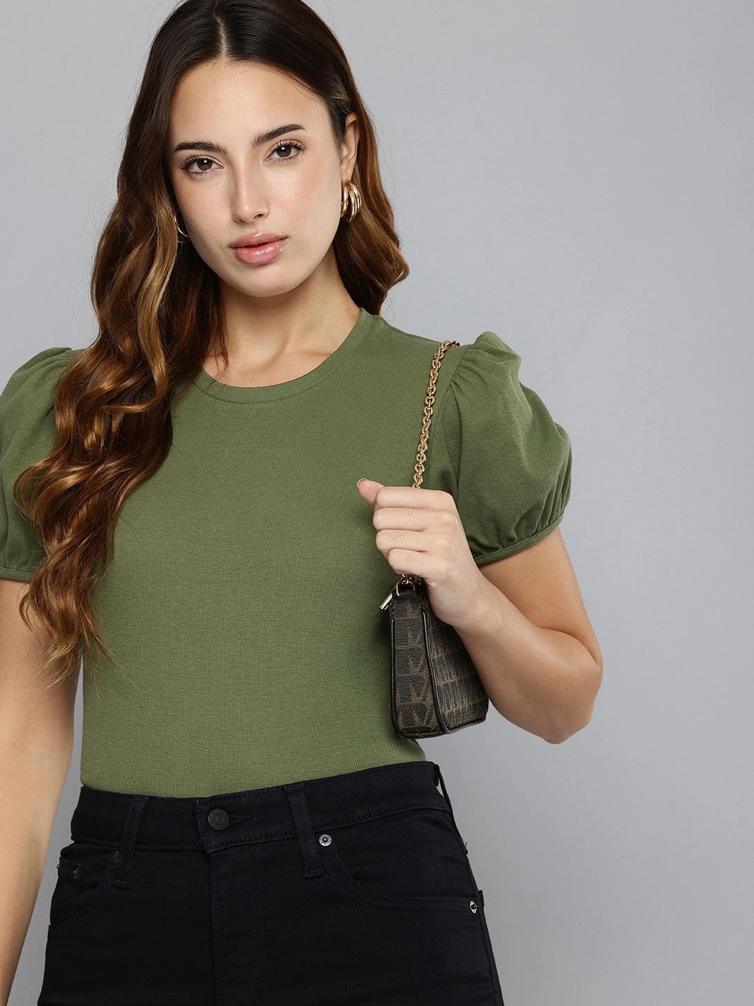 Women's Textured Green Crew Neck Top