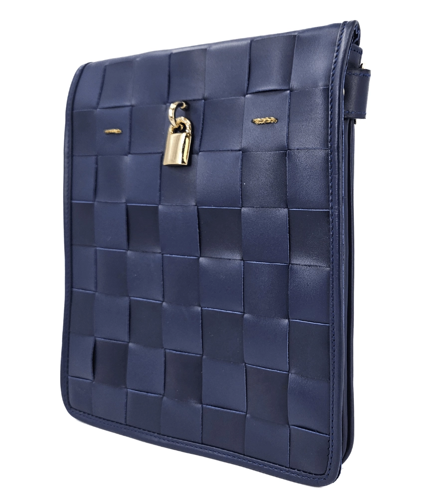 Woven Leather Navy Blue Crossbody Bag
